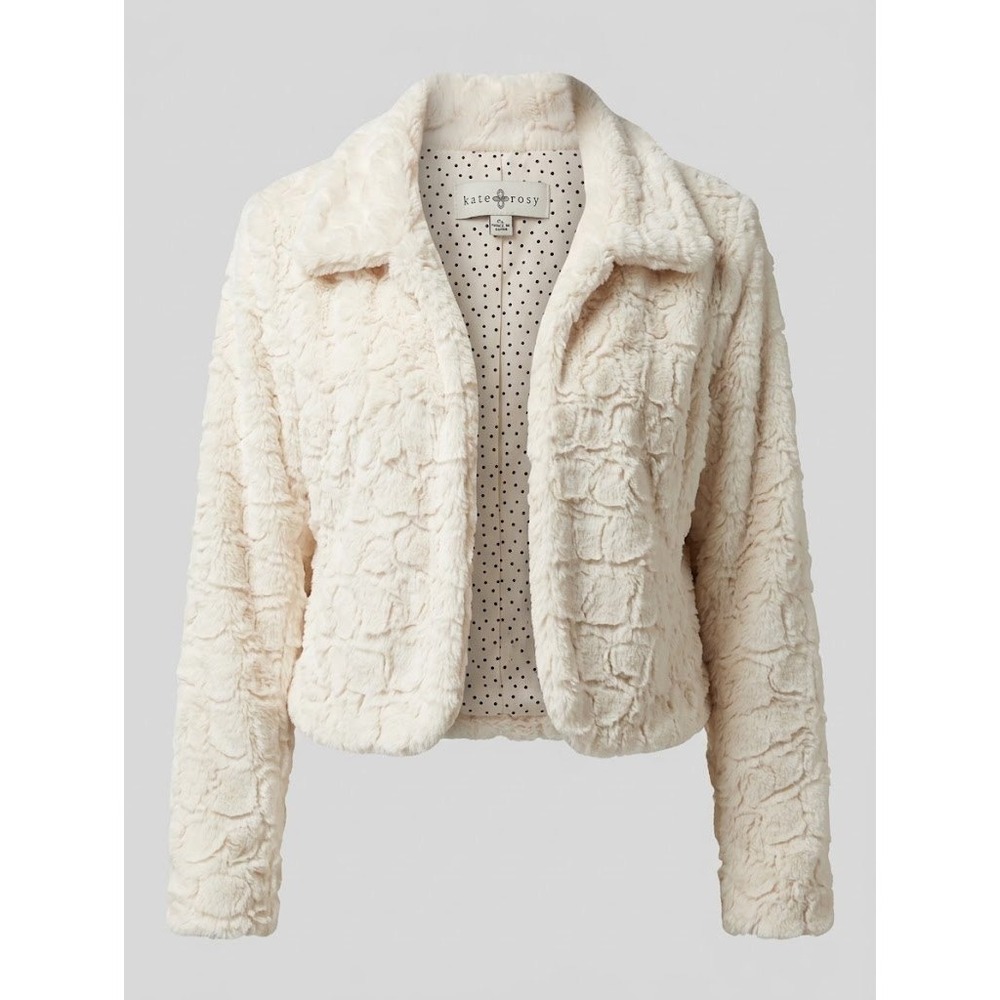 Kate & Rosy White Cream Faux Fur Cropped Jacket Polka Dot Lining Petite Large PL